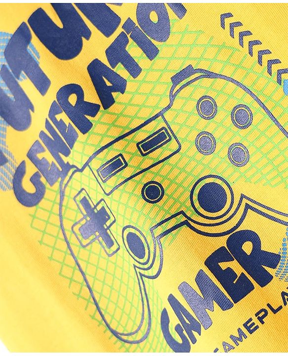 Pine Kids Single Jersey Knit Half Sleeves Shorts Nightsuit With Future Gamer Text Print - Yellow & Navy Blue