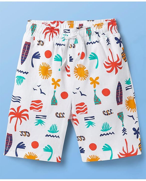 Pine Kids Single Jersey Knit Half Sleeves Co-ords Shorts Night Suit with Beach Theme Print - White