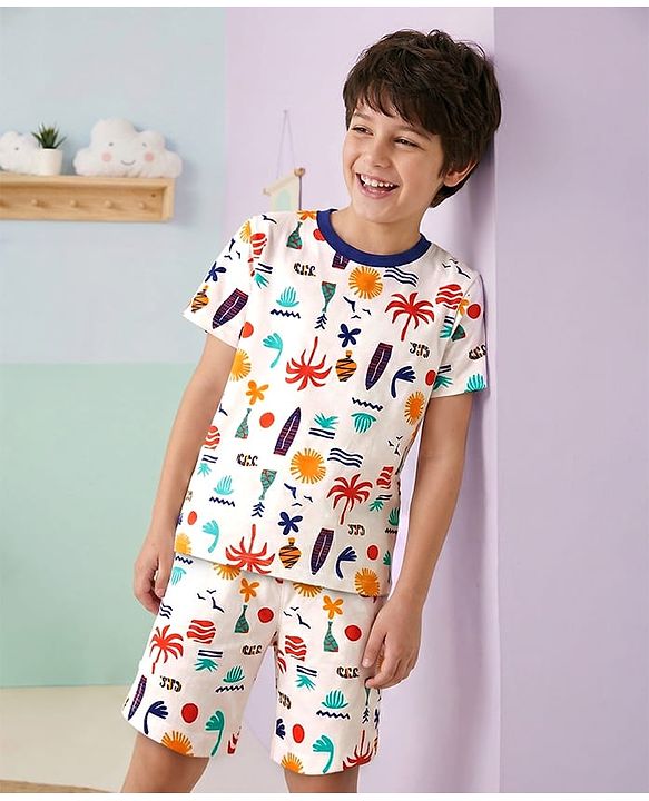 Pine Kids Single Jersey Knit Half Sleeves Co-ords Shorts Night Suit with Beach Theme Print - White