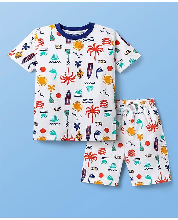 Pine Kids Single Jersey Knit Half Sleeves Co-ords Shorts Night Suit with Beach Theme Print - White