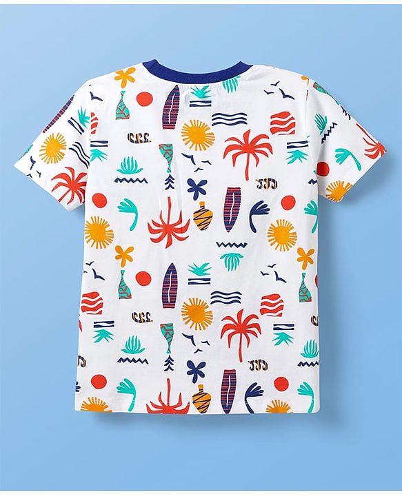 Pine Kids Single Jersey Knit Half Sleeves Co-ords Shorts Night Suit with Beach Theme Print - White