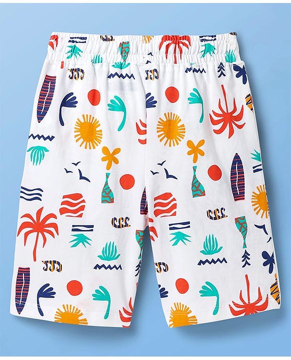 Pine Kids Single Jersey Knit Half Sleeves Co-ords Shorts Night Suit with Beach Theme Print - White