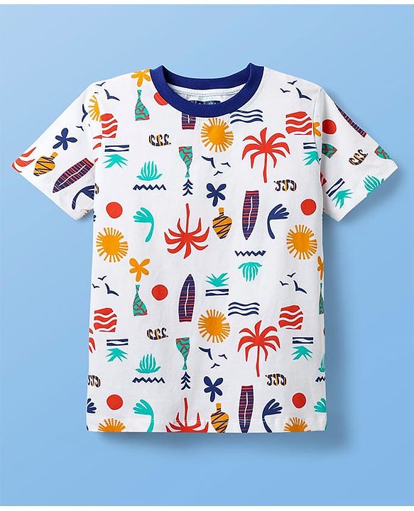 Pine Kids Single Jersey Knit Half Sleeves Co-ords Shorts Night Suit with Beach Theme Print - White