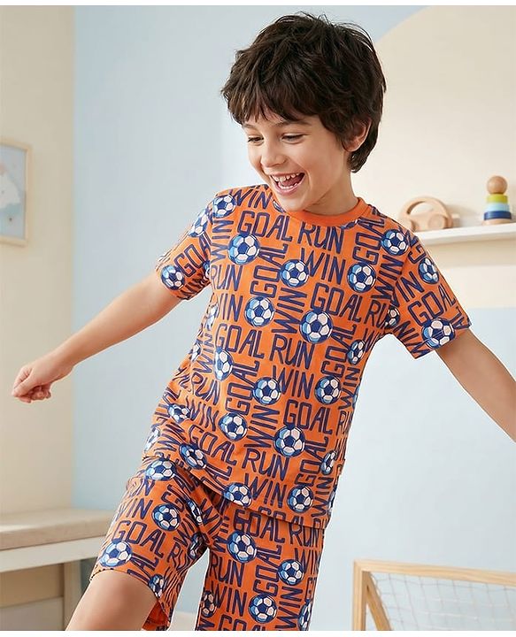 Pine Kids Single Jersey Knit Half Sleeves Co-ords Shorts Night Suit with Sports Theme Print - Orange
