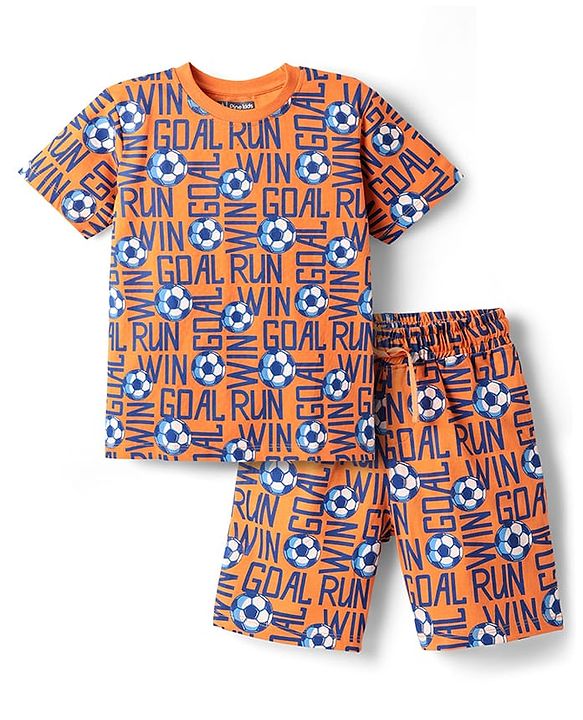 Pine Kids Single Jersey Knit Half Sleeves Co-ords Shorts Night Suit with Sports Theme Print - Orange