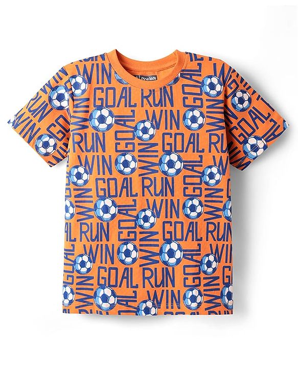 Pine Kids Single Jersey Knit Half Sleeves Co-ords Shorts Night Suit with Sports Theme Print - Orange