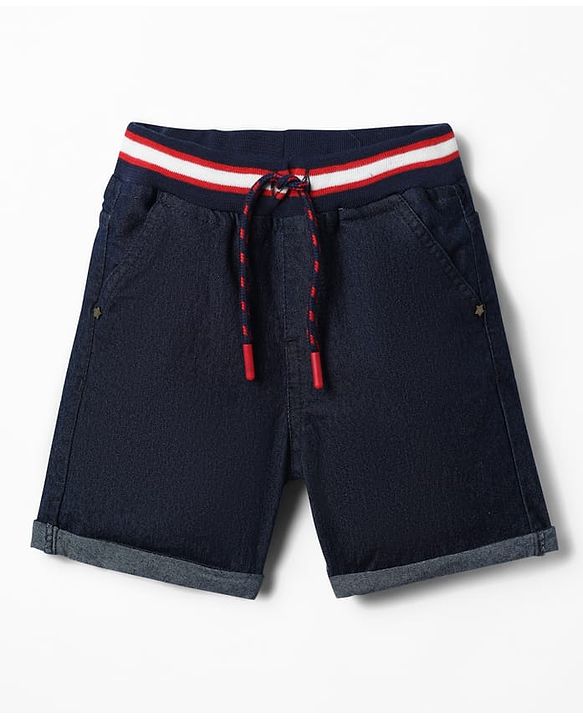 Babyhug Denim Mid Thigh Washed Ribbed Shorts - Navy Blue