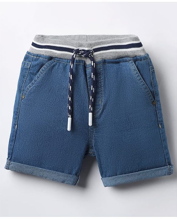 Babyhug Full Length Denim Washed  Stretchable Joggers with Black & White Stripes - Blue
