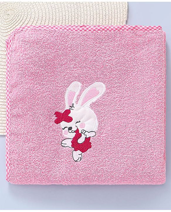 Babyhug Cotton Terry Woven Bath Towel With Bunny Embroidery L 102 x B 51 cm - Pink