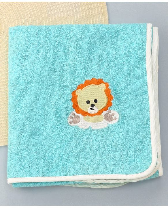 Babyhug Terry Cotton Woven Towel with Bear Embroidery L 101 x B 50 cm - Aqua Blue