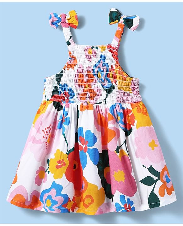 Babyhug Cotton Woven Sleeveless Anti Bacterial Floral Printed Frock with Smocked & Bow Detailing - White Blue & Orange