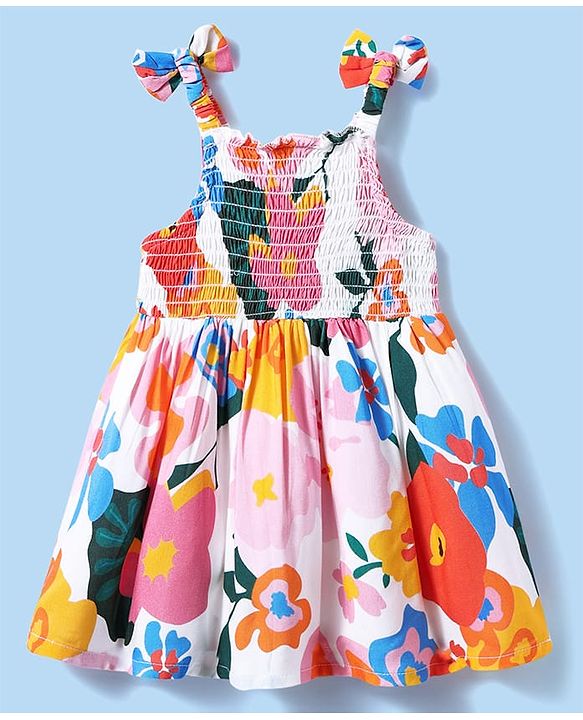 Babyhug Cotton Woven Sleeveless Anti Bacterial Floral Printed Frock with Smocked & Bow Detailing - White Blue & Orange
