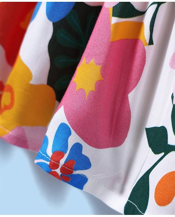 Babyhug Cotton Woven Sleeveless Anti Bacterial Floral Printed Frock with Smocked & Bow Detailing - White Blue & Orange