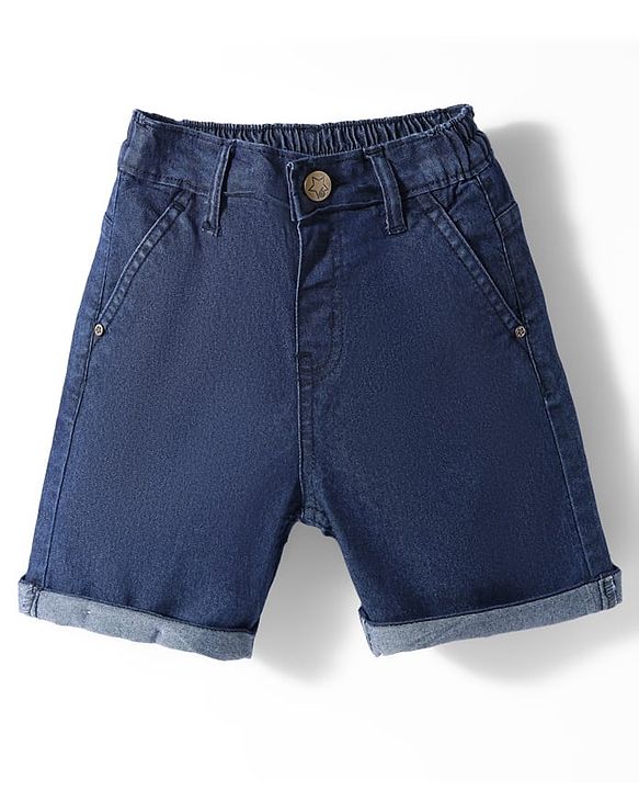 Babyhug Denim Mid Thigh Washed Shorts With Stretch - Navy Blue
