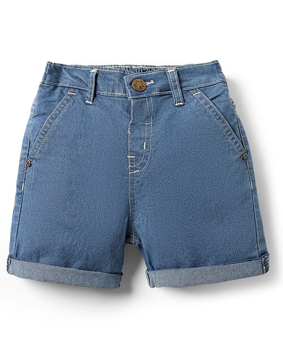 Babyhug Denim Mid Thigh Washed Shorts With Stretch - Navy Blue