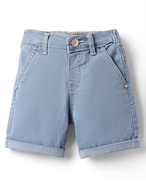 Babyhug Denim Mid Thigh Washed Shorts With Stretch - Navy Blue