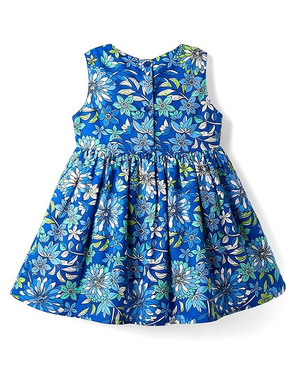 Babyhug Cotton Woven Sleeveless Frock With Floral Print & Bow Applique - Blue