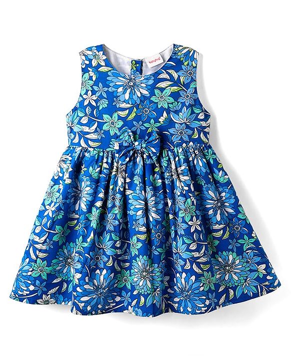 Babyhug Cotton Woven Sleeveless Frock With Floral Print & Bow Applique - Blue
