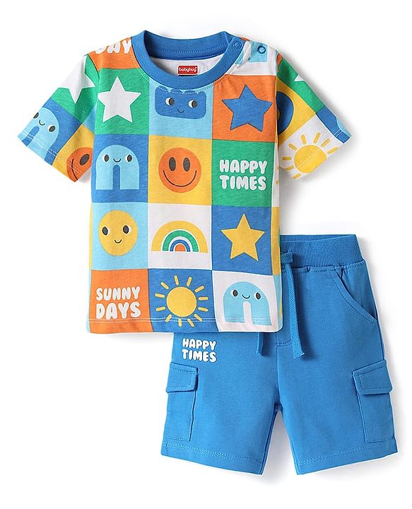 Babyhug Single Jersey Knit Half Sleeves T-Shirt & Shorts Set with Tropical Theme & Rainbow Print - Blue