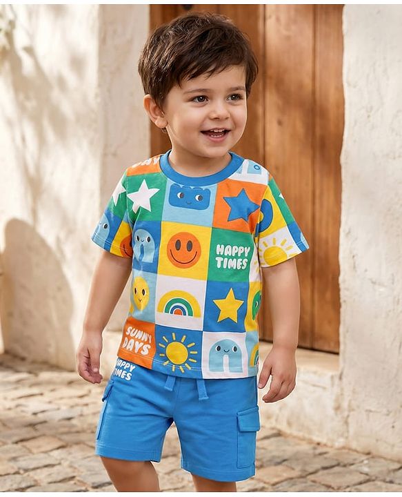 Babyhug Single Jersey Knit Half Sleeves T-Shirt & Shorts Set with Tropical Theme & Rainbow Print - Blue
