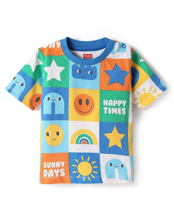 Babyhug Single Jersey Knit Half Sleeves T-Shirt & Shorts Set with Tropical Theme & Rainbow Print - Blue