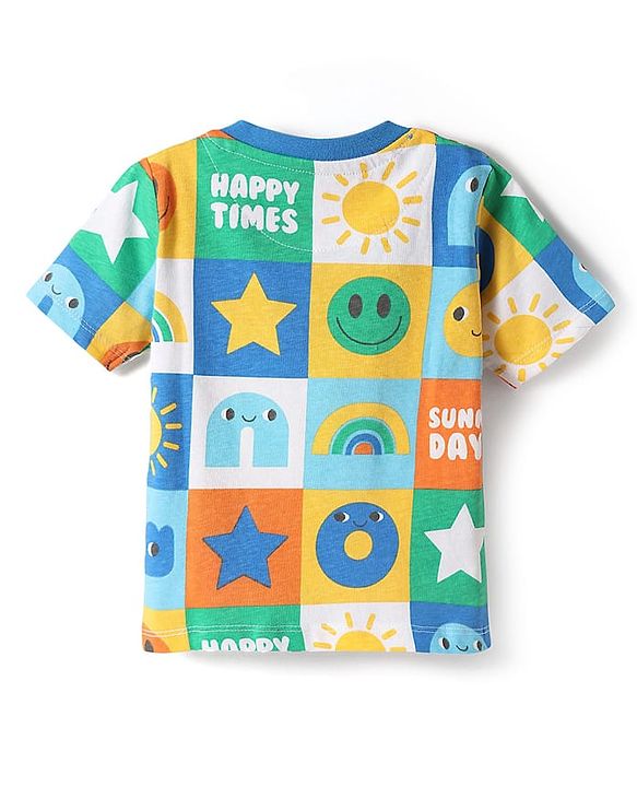 Babyhug Single Jersey Knit Half Sleeves T-Shirt & Shorts Set with Tropical Theme & Rainbow Print - Blue