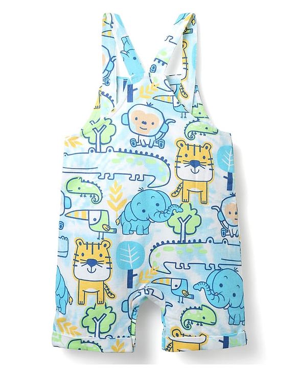 Babyhug Single Jersey Knit Half Sleeves T-Shirt & Dungaree With Animal Print - Light Blue & Yellow