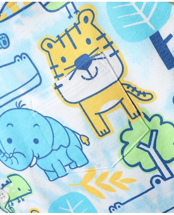 Babyhug Single Jersey Knit Half Sleeves T-Shirt & Dungaree With Animal Print - Light Blue & Yellow