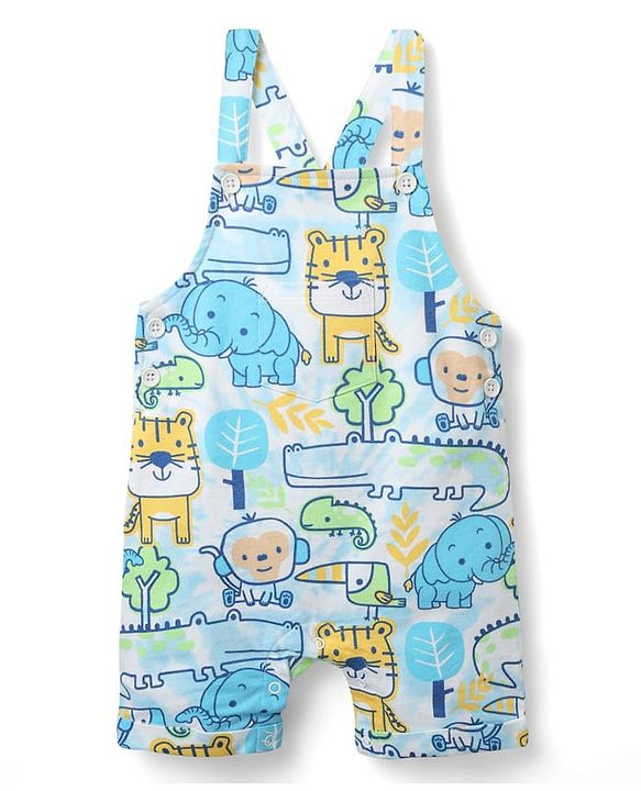 Babyhug Single Jersey Knit Half Sleeves T-Shirt & Dungaree With Animal Print - Light Blue & Yellow