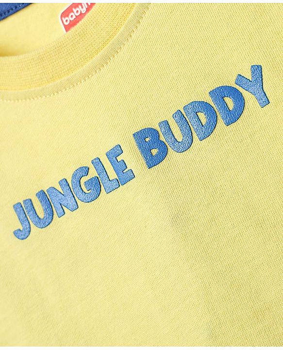 Babyhug Single Jersey Knit Half Sleeves T-Shirt & Dungaree With Animal Print - Light Blue & Yellow
