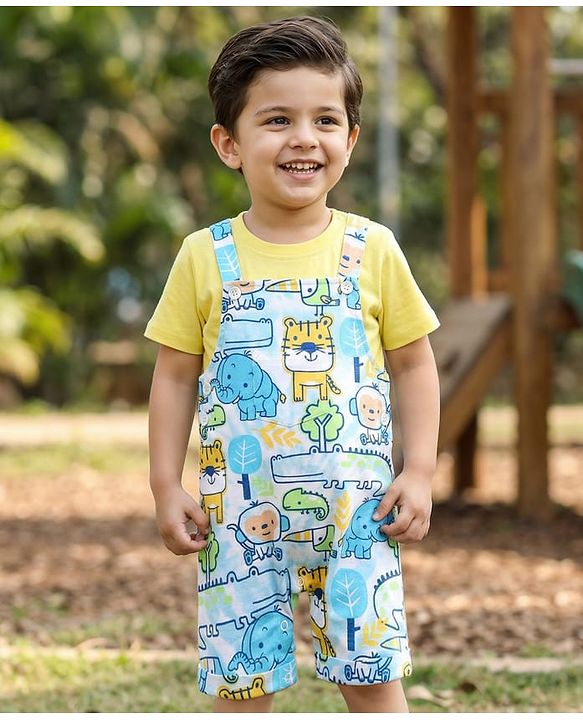 Babyhug Single Jersey Knit Half Sleeves T-Shirt & Dungaree With Animal Print - Light Blue & Yellow