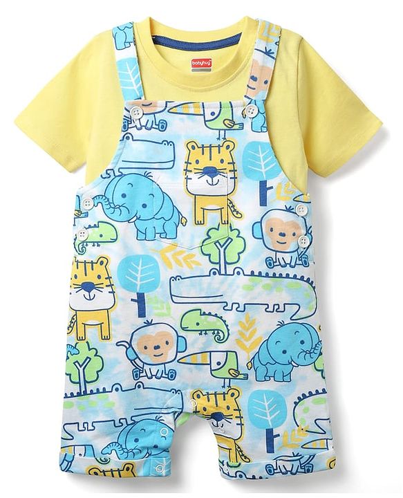 Babyhug Single Jersey Knit Half Sleeves T-Shirt & Dungaree With Animal Print - Light Blue & Yellow