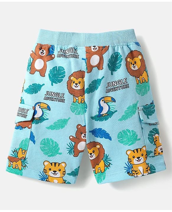 Babyhug Single Jersey Knit Half Sleeves Polo T-Shirt & Shorts Set with Jungle Theme Print & Patch Detailing - Light Blue & White