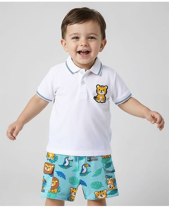 Babyhug Single Jersey Knit Half Sleeves Polo T-Shirt & Shorts Set with Jungle Theme Print & Patch Detailing - Light Blue & White