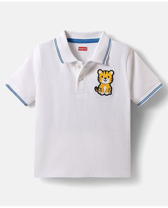 Babyhug Single Jersey Knit Half Sleeves Polo T-Shirt & Shorts Set with Jungle Theme Print & Patch Detailing - Light Blue & White