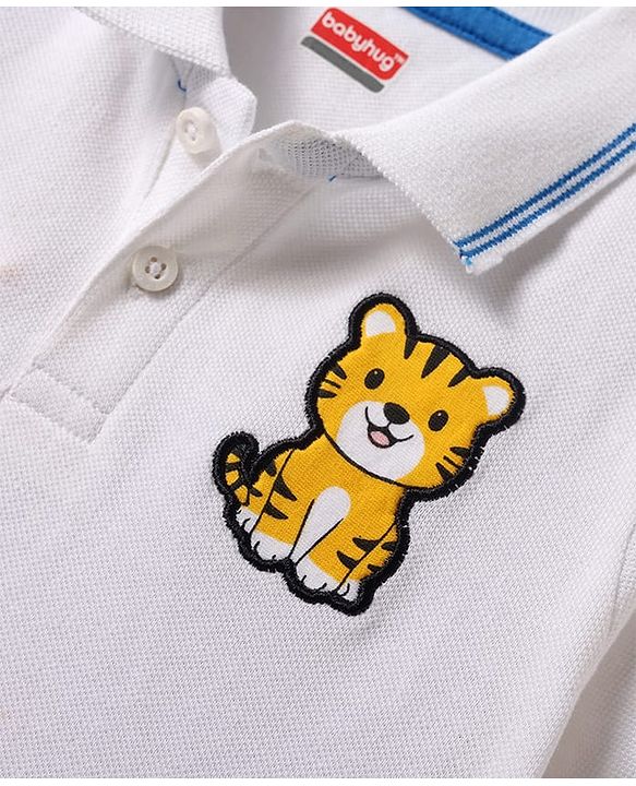 Babyhug Single Jersey Knit Half Sleeves Polo T-Shirt & Shorts Set with Jungle Theme Print & Patch Detailing - Light Blue & White