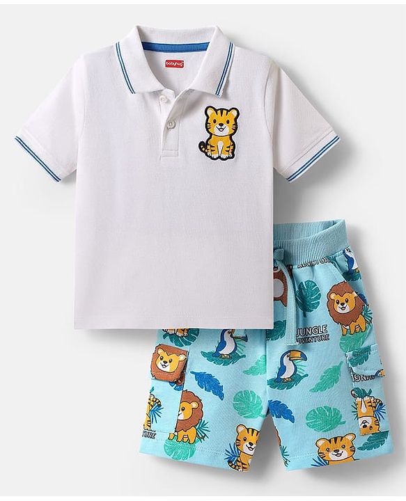Babyhug Single Jersey Knit Half Sleeves Polo T-Shirt & Shorts Set with Jungle Theme Print & Patch Detailing - Light Blue & White