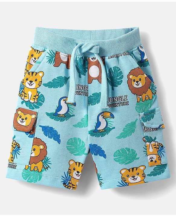 Babyhug Single Jersey Knit Half Sleeves Polo T-Shirt & Shorts Set with Jungle Theme Print & Patch Detailing - Light Blue & White