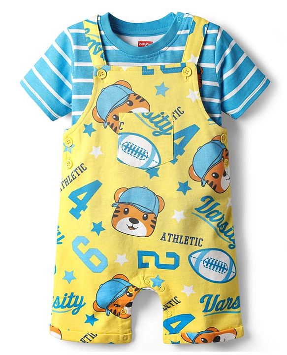 Babyhug Single Jersey Knit Dungaree & Half Sleeves T-Shirt With Animal Print - Yellow & Blue