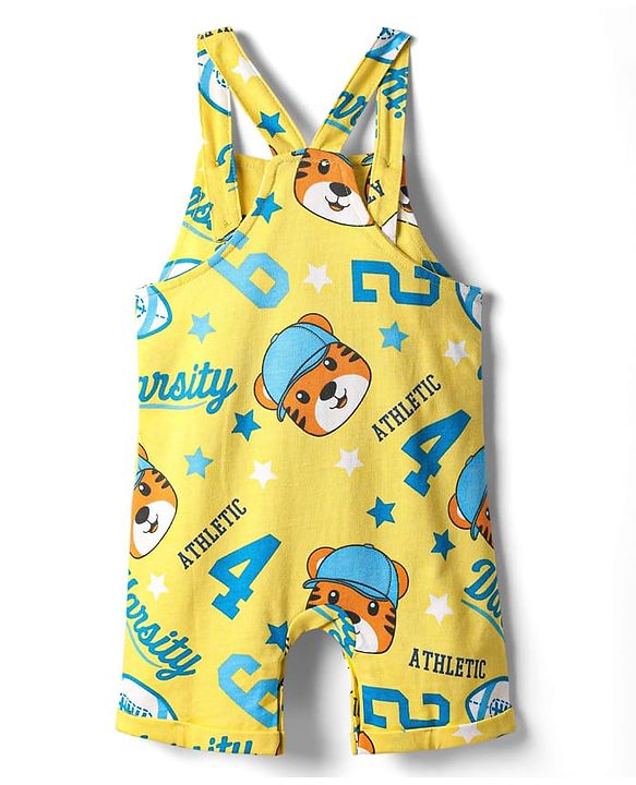 Babyhug Single Jersey Knit Dungaree & Half Sleeves T-Shirt With Animal Print - Yellow & Blue