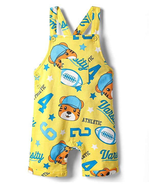 Babyhug Single Jersey Knit Dungaree & Half Sleeves T-Shirt With Animal Print - Yellow & Blue