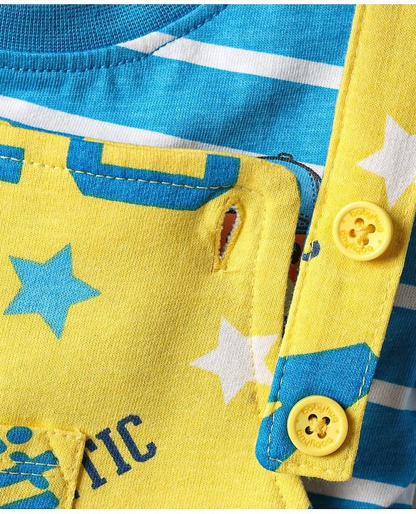 Babyhug Single Jersey Knit Dungaree & Half Sleeves T-Shirt With Animal Print - Yellow & Blue