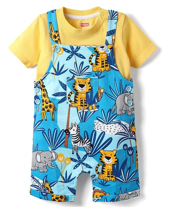 Babyhug Single Jersey Knit Half Sleeves T-Shirt & Dungaree With Animal Print - Yellow & Blue
