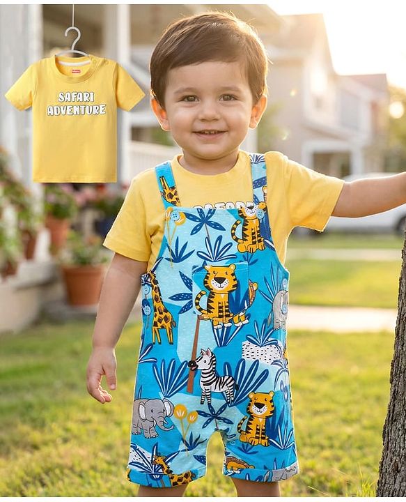 Babyhug Single Jersey Knit Half Sleeves T-Shirt & Dungaree With Animal Print - Yellow & Blue
