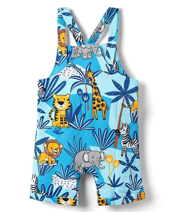 Babyhug Single Jersey Knit Half Sleeves T-Shirt & Dungaree With Animal Print - Yellow & Blue