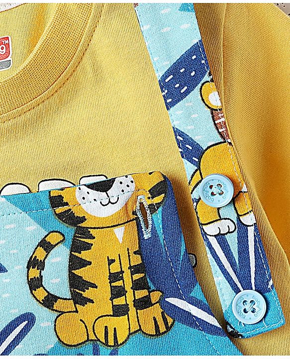 Babyhug Single Jersey Knit Half Sleeves T-Shirt & Dungaree With Animal Print - Yellow & Blue