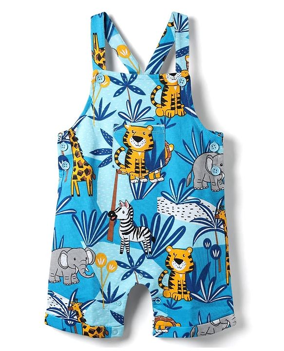 Babyhug Single Jersey Knit Half Sleeves T-Shirt & Dungaree With Animal Print - Yellow & Blue