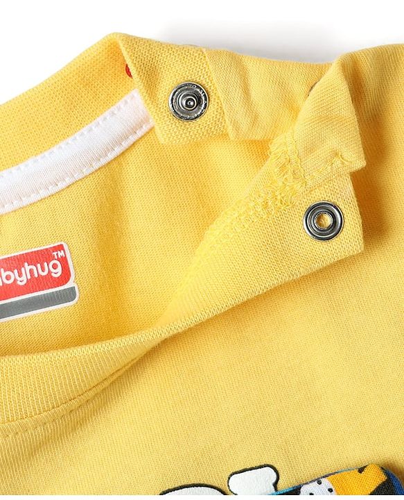 Babyhug Single Jersey Knit Half Sleeves T-Shirt & Dungaree With Animal Print - Yellow & Blue