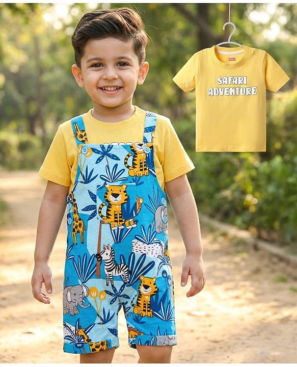 Babyhug Single Jersey Knit Half Sleeves T-Shirt & Dungaree With Animal Print - Yellow & Blue