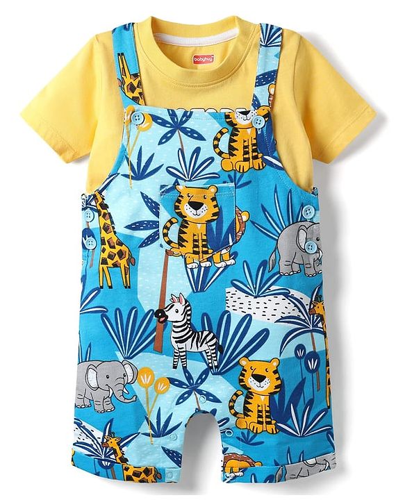 Babyhug Single Jersey Knit Half Sleeves T-Shirt & Dungaree With Animal Print - Yellow & Blue